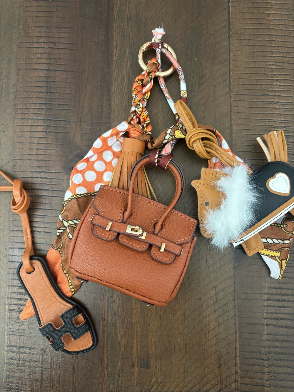 Brown Bag Charm Gift Set – Mini Purse, Scarf, Tassel & Charms
